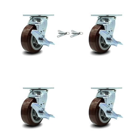 5 Inch Polyurethane Caster Set With Roller Bearings 4 Brake 2 Swivel Lock SCC